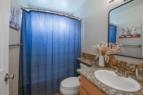 a bathroom with a sink a toilet and shower curtain