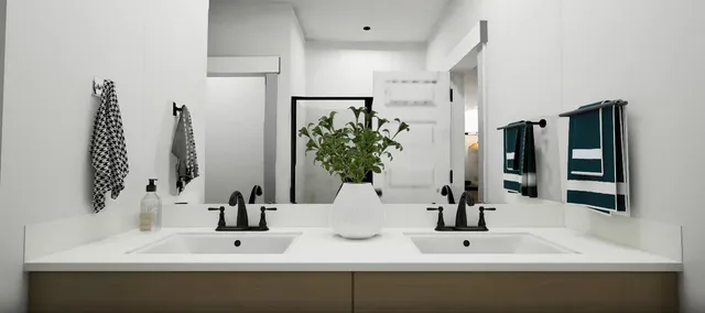 a bathroom with double vanity sink and a mirror