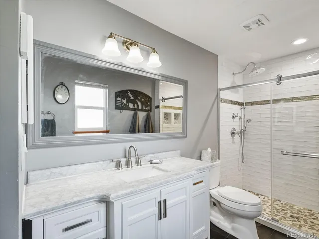 a bathroom with a granite countertop sink toilet and a mirror