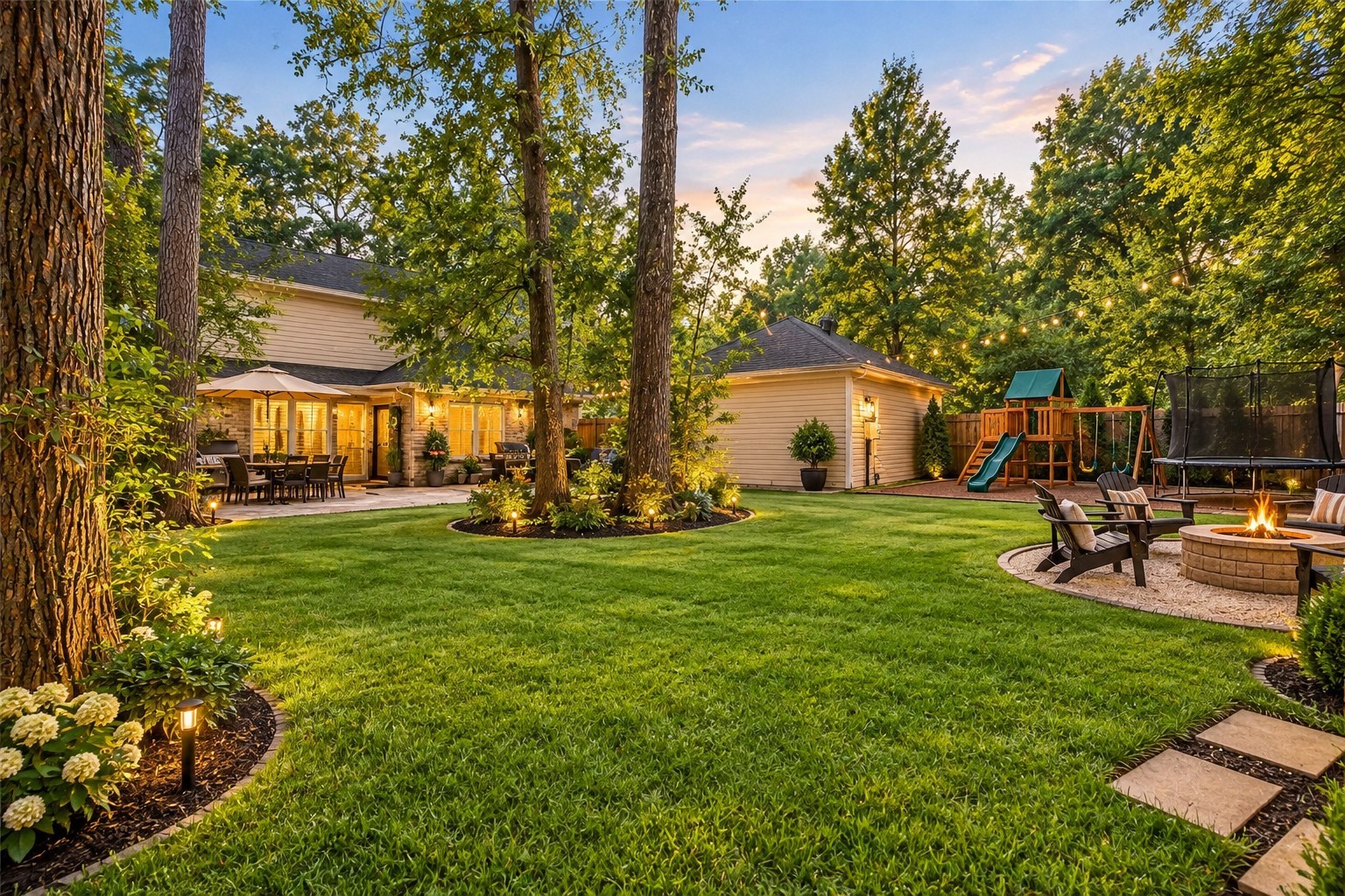 6 Postvine Court Spring, TX 77381 - Photo 36 of 37 Spacious, family-friendly backyard featuring a large grassy lawn, mature trees, privacy fencing, covered patio, and multiple areas for outdoor entertaining, play, and relaxation.