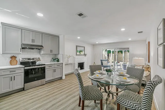 a view of a dining room with furniture