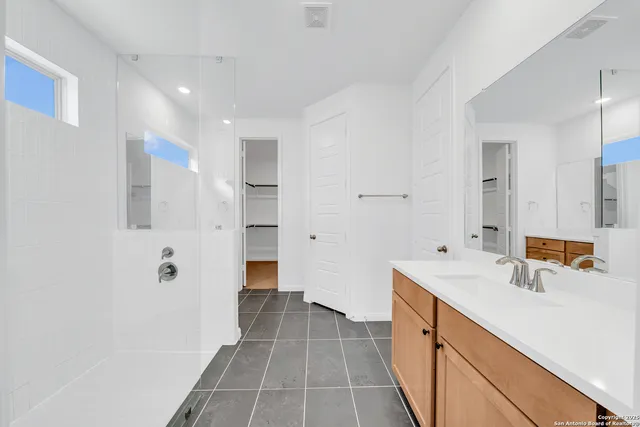 a bathroom with a sink a mirror and shower