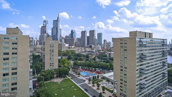 a city view with tall buildings