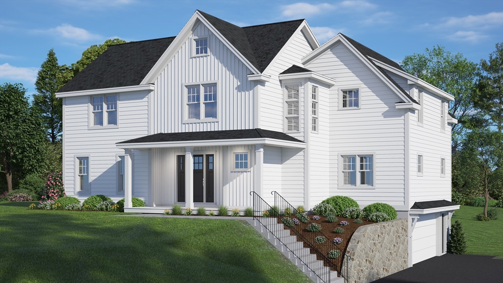 a view of a white house next to a yard and large trees