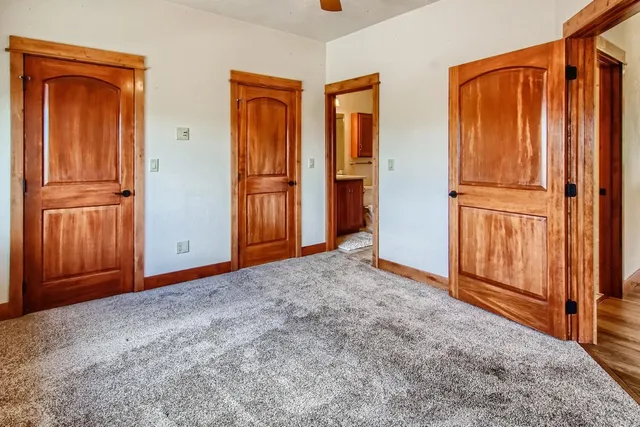 an empty room with closet and wooden door