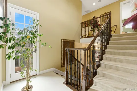 a view of staircase with lots of frames on wall and a potted plant