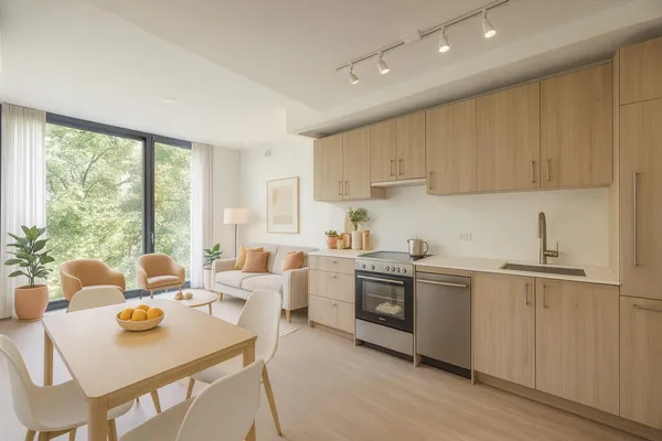 a open kitchen with stainless steel appliances granite countertop a stove top oven a sink dishwasher and white cabinets with wooden floor