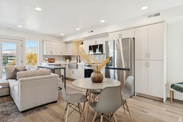 51 East 200 North, Unit 3 Bountiful, UT 84010 - Photo 12 of 27 Kitchen with stainless steel appliances, light countertops, light wood finished floors, recessed lighting, and tasteful backsplash