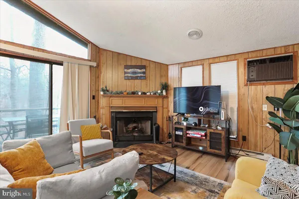 a living room with furniture a fireplace and a flat screen tv