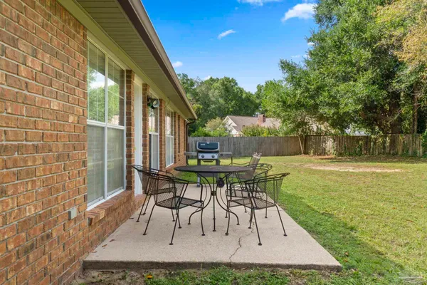 a garden view with a seating space