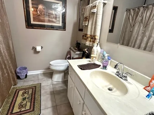 a bathroom with a double vanity sink mirror and toilet