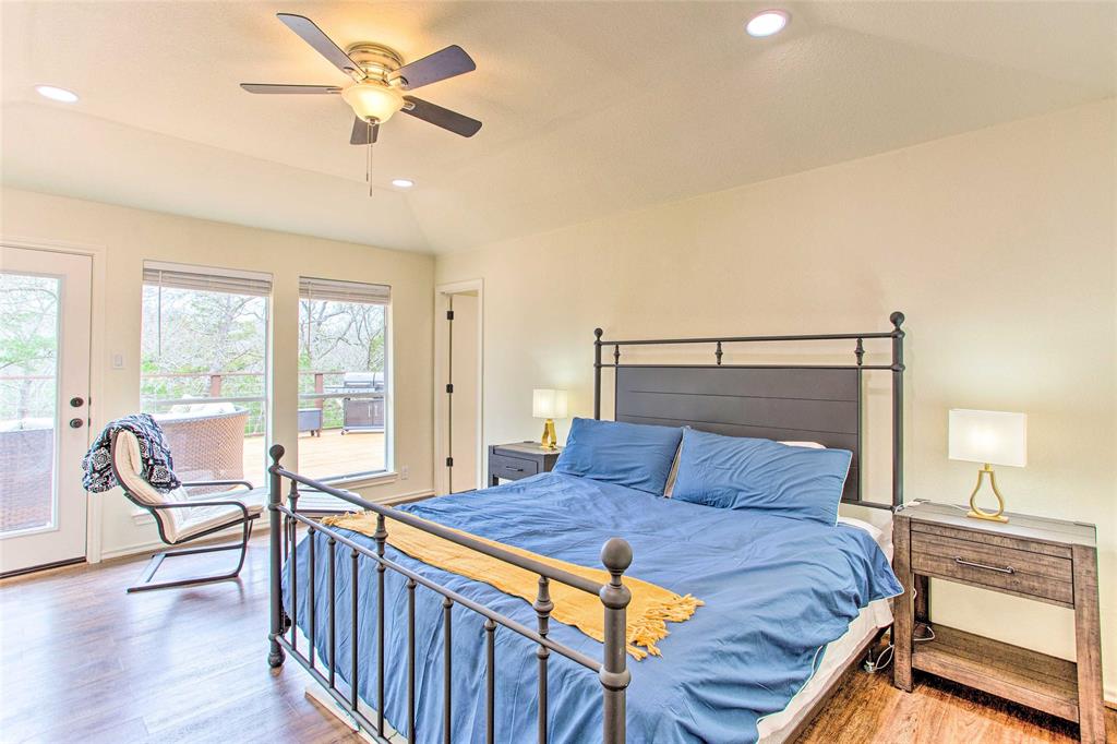 997 Tanglewood Trail Pottsboro, TX 75076 - Photo 26 of 35 Bedroom with recessed lighting, access to outside, a ceiling fan, and wood finished floors