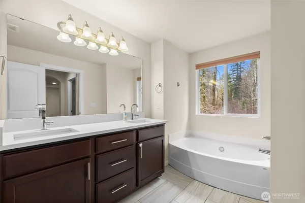 a bathroom with a tub a double vanity sink and a mirror