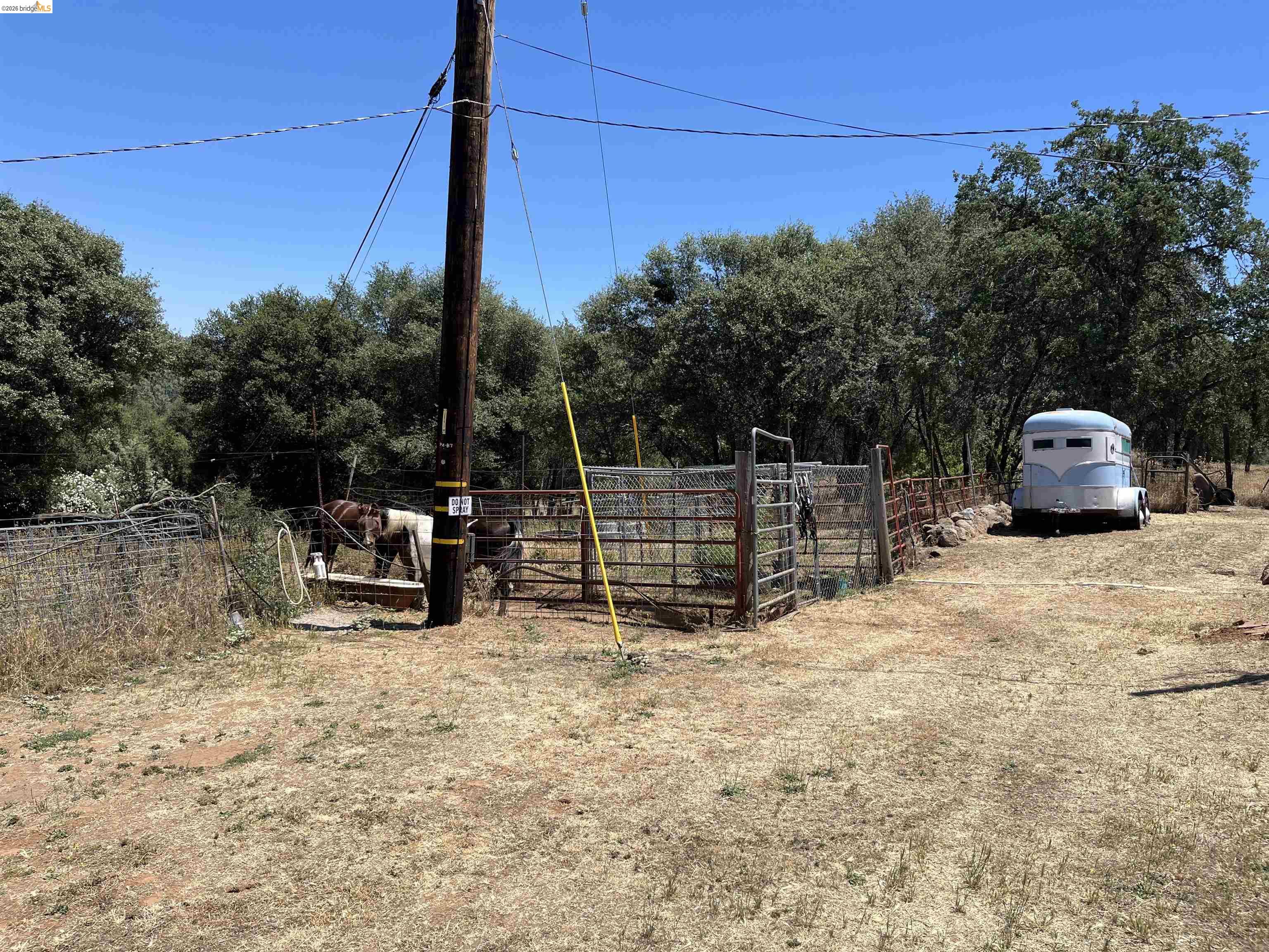 18195 Wards Ferry Road Sonora, CA 95370 - Photo 35 of 67 Gated animal enclosure with metal fencing and an adjacent unpaved area for vehicle parking