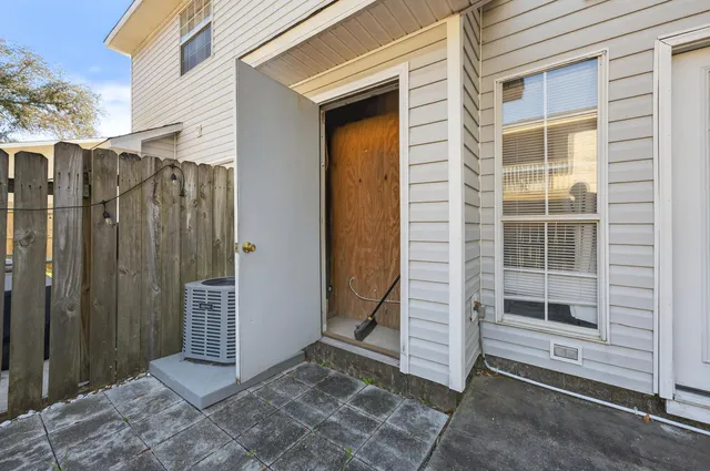 a view of a wooden door with a door
