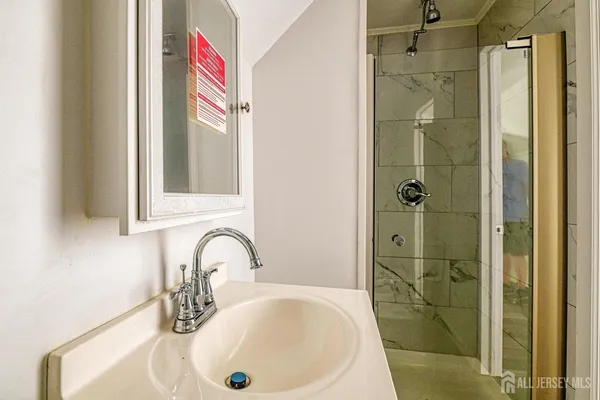 a bathroom with a sink and a shower