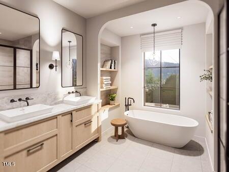 8016 Penny Road Raleigh, NC 27606 - Photo 16 of 23 a bathroom with a double vanity sink bathtub and next to a window
