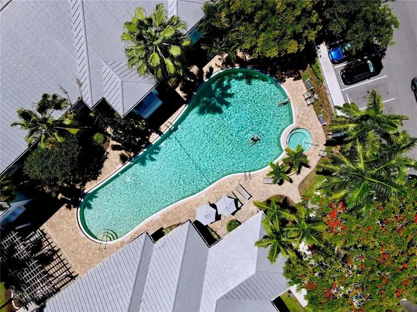 an aerial view of a swimming pool