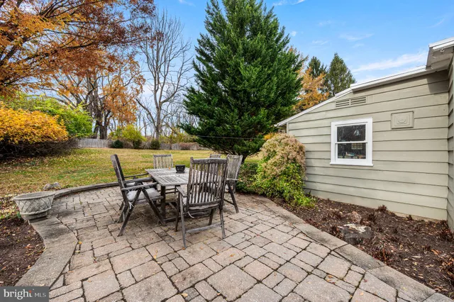 a view of a house with backyard and sitting area