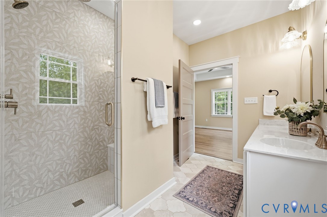 239 Bumpass Road Bumpass, VA 23024 - Photo 29 of 44 Walk-in shower with leaf-patterned wall tile, glas
