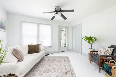 a living room with furniture and a potted plant