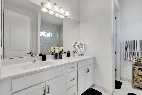 a bathroom with a sink double vanity and a mirror