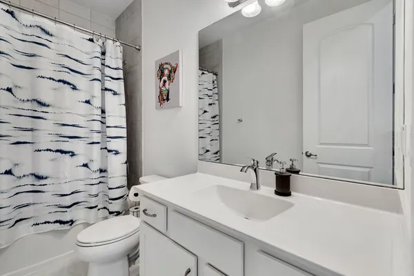 a bathroom with a sink a toilet and shower curtain