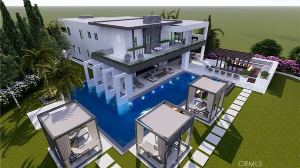 an aerial view of a house with a yard