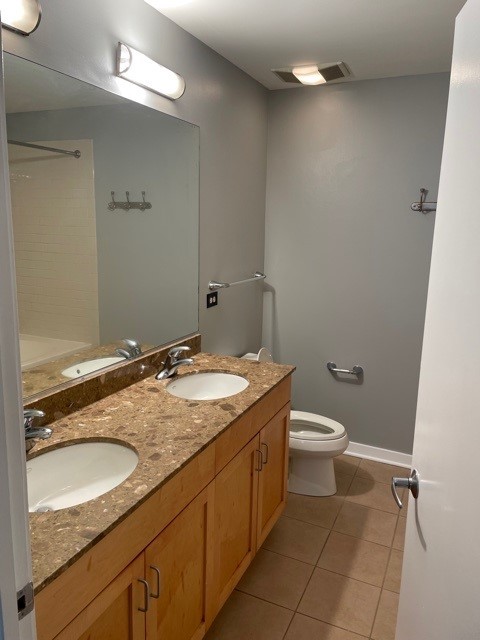 1075 West Roosevelt Road, Unit 209 Chicago, IL 60608 - Photo 10 of 16 a bathroom with a granite countertop sink a mirror and a toilet
