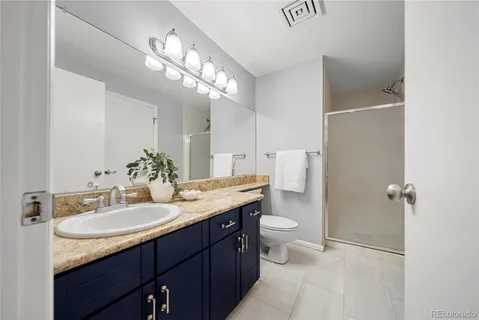 a bathroom with a granite countertop sink a toilet and shower