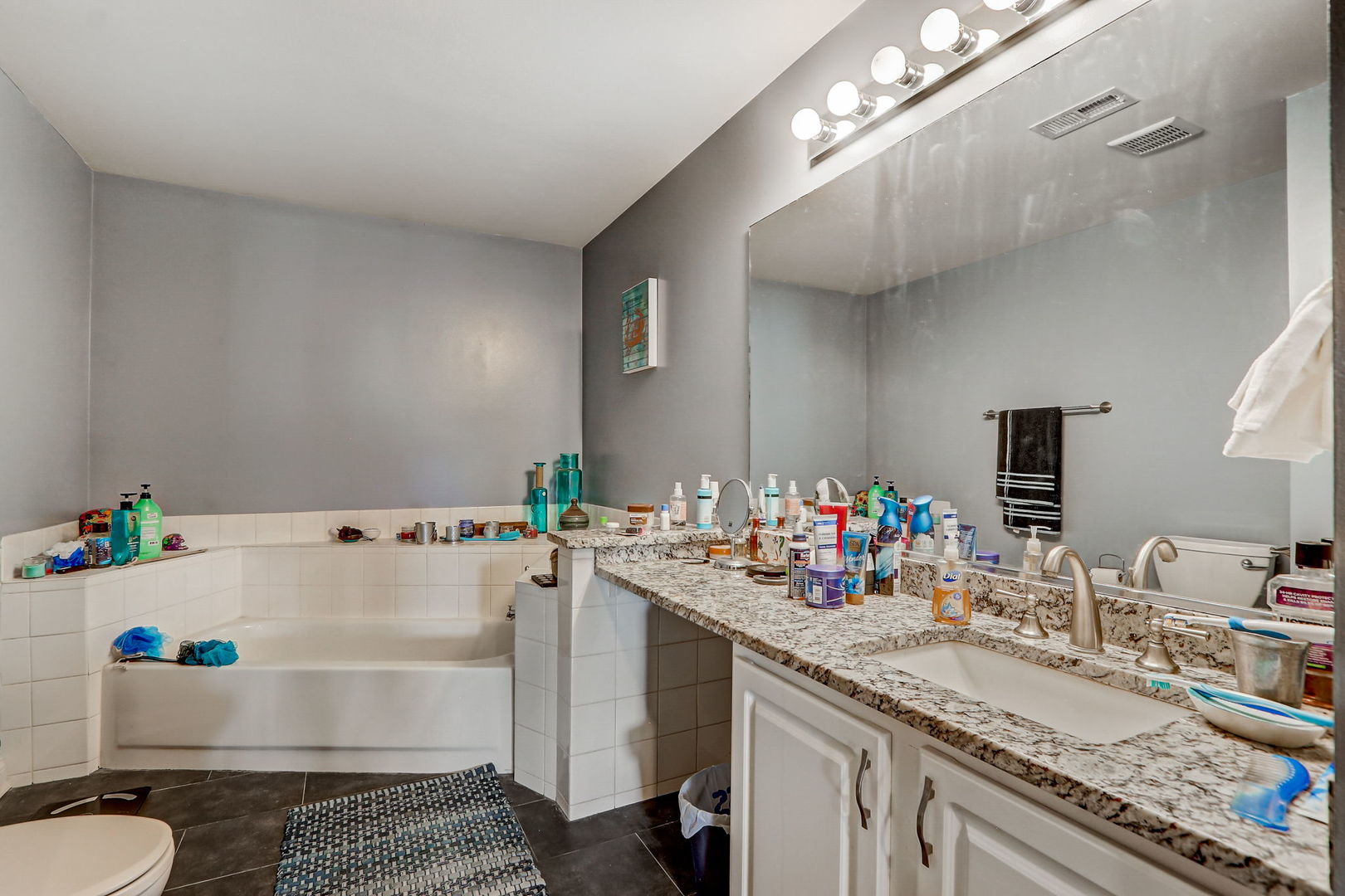 628 Village Road, Unit B Crystal Lake, IL 60014 - Photo 21 of 33 a bathroom with a sink double vanity granite and a mirror