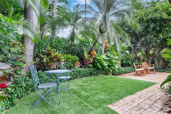 a view of a backyard with sitting area