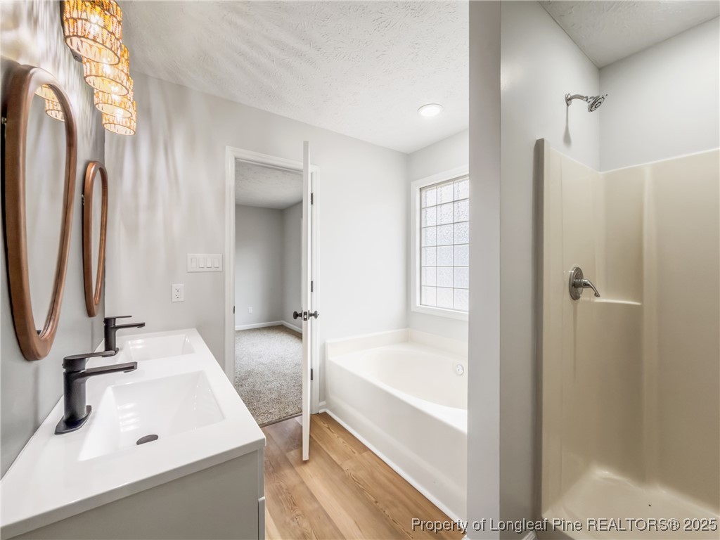 122 Tanner Loop Raeford, NC 28376 - Photo 20 of 36 a bathroom with a sink tub vanity and a mirror