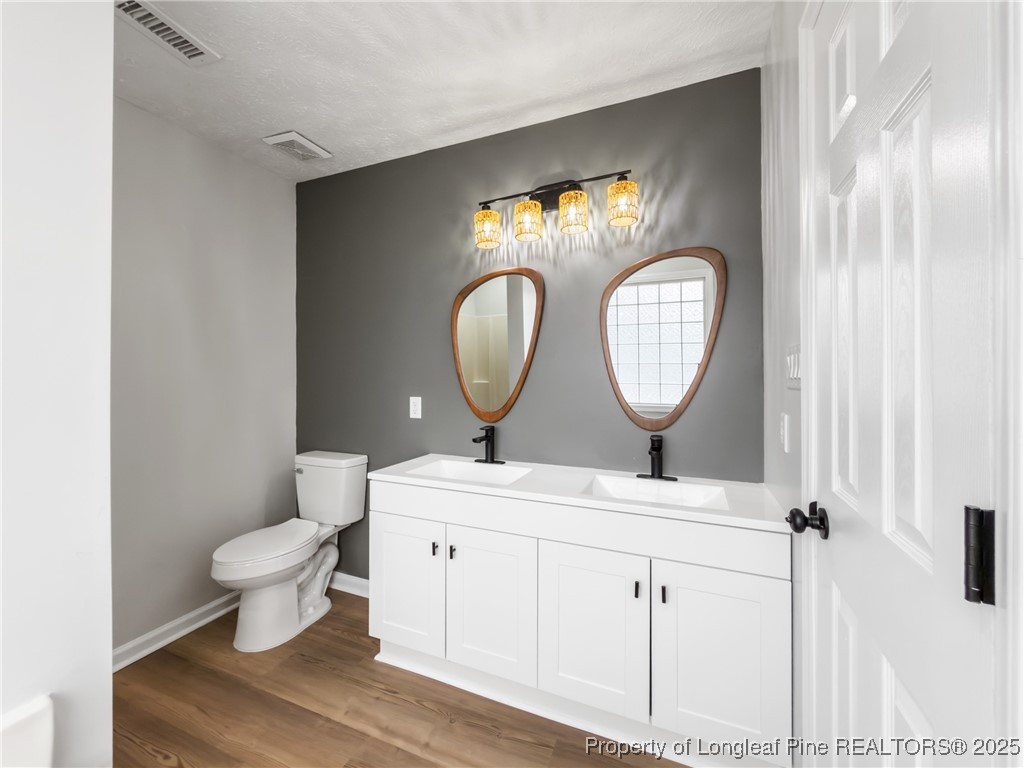 122 Tanner Loop Raeford, NC 28376 - Photo 21 of 36 a bathroom with a toilet sink vanity and mirror