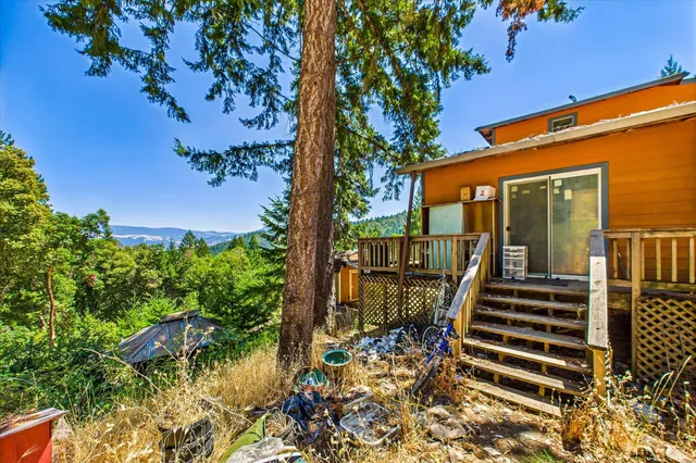 a view of a backyard with pathway