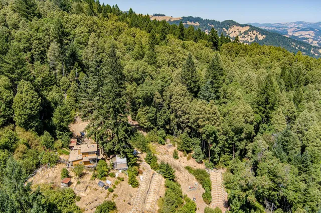 an aerial view of a residential houses with yard and mountain view