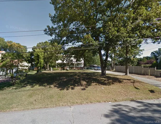 a view of a yard with plants and trees