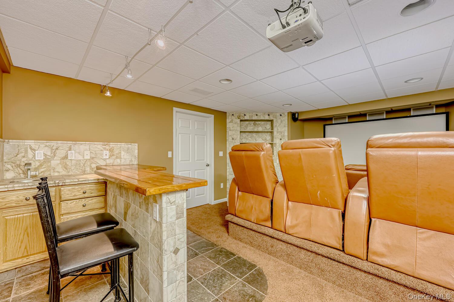 22 Golden Road Suffern, NY 10901 - Photo 38 of 41 Cinema room featuring a drop ceiling, carpet, tile patterned flooring, a dry bar, and track lighting