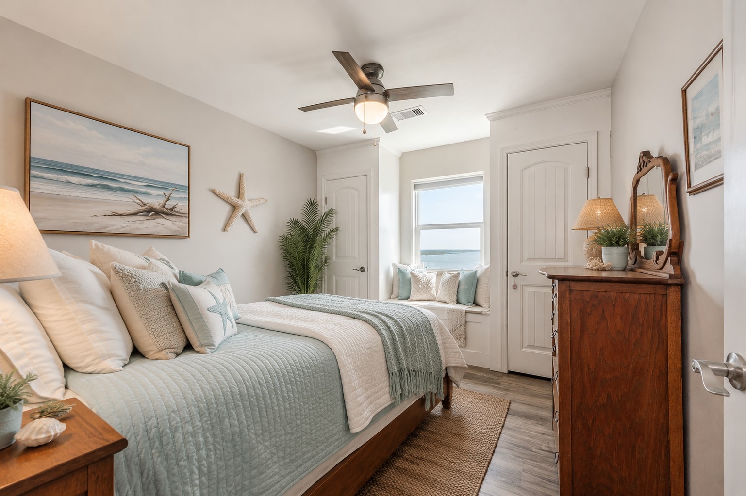 1453 County Road 230 Sargent, TX 77414 - Photo 16 of 38 Bedroom 2 - Cozy and inviting retreat, complete with a cozy window seat and relaxing water views. Beautifully virtually staged to showcase its full potential and versatile layout.
