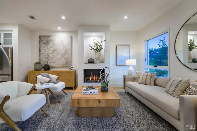 a living room with furniture and a fireplace