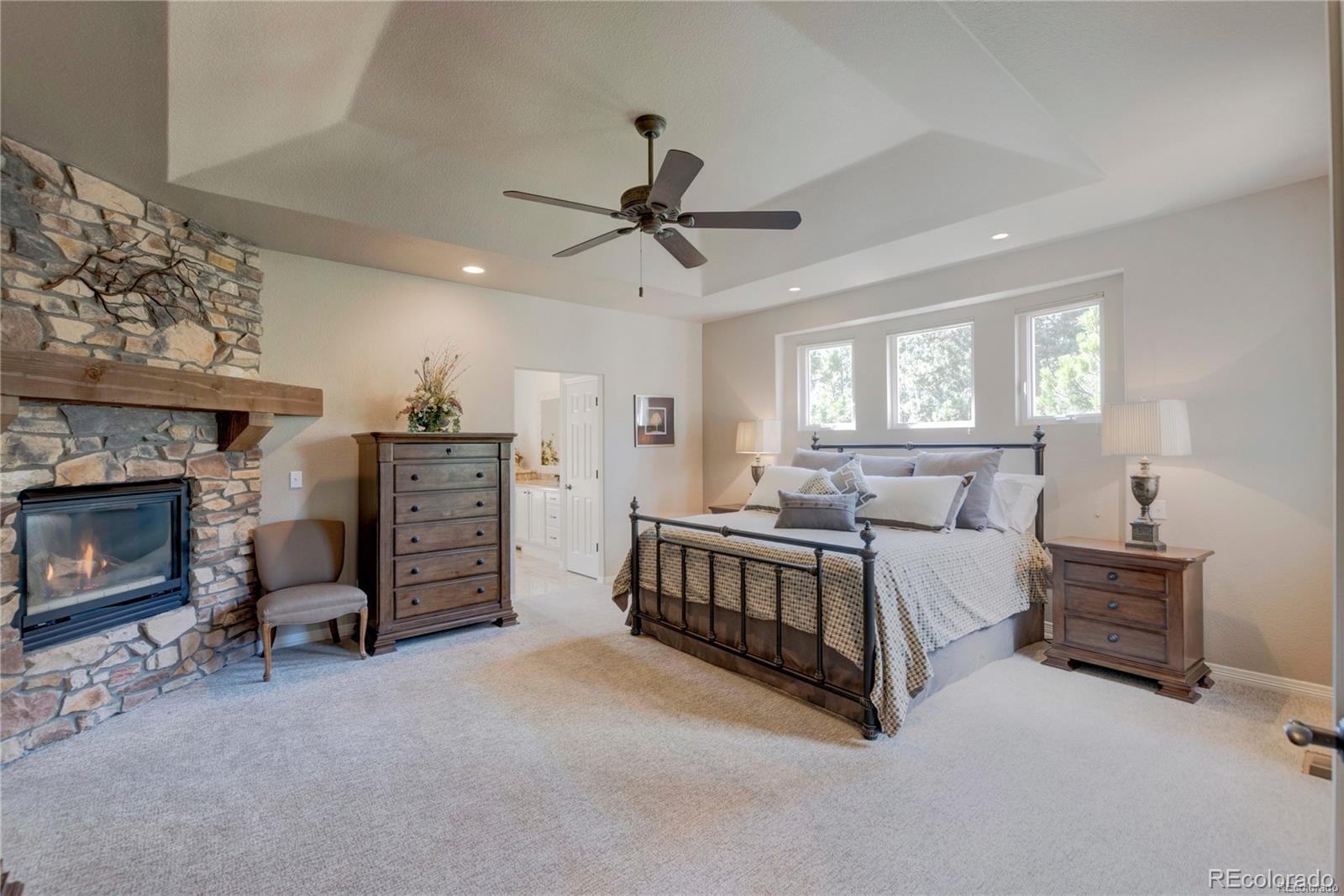 5283 Pinyon Jay Road Parker, CO 80134 - Photo 5 of 12 a spacious bedroom with a bed and a fireplace