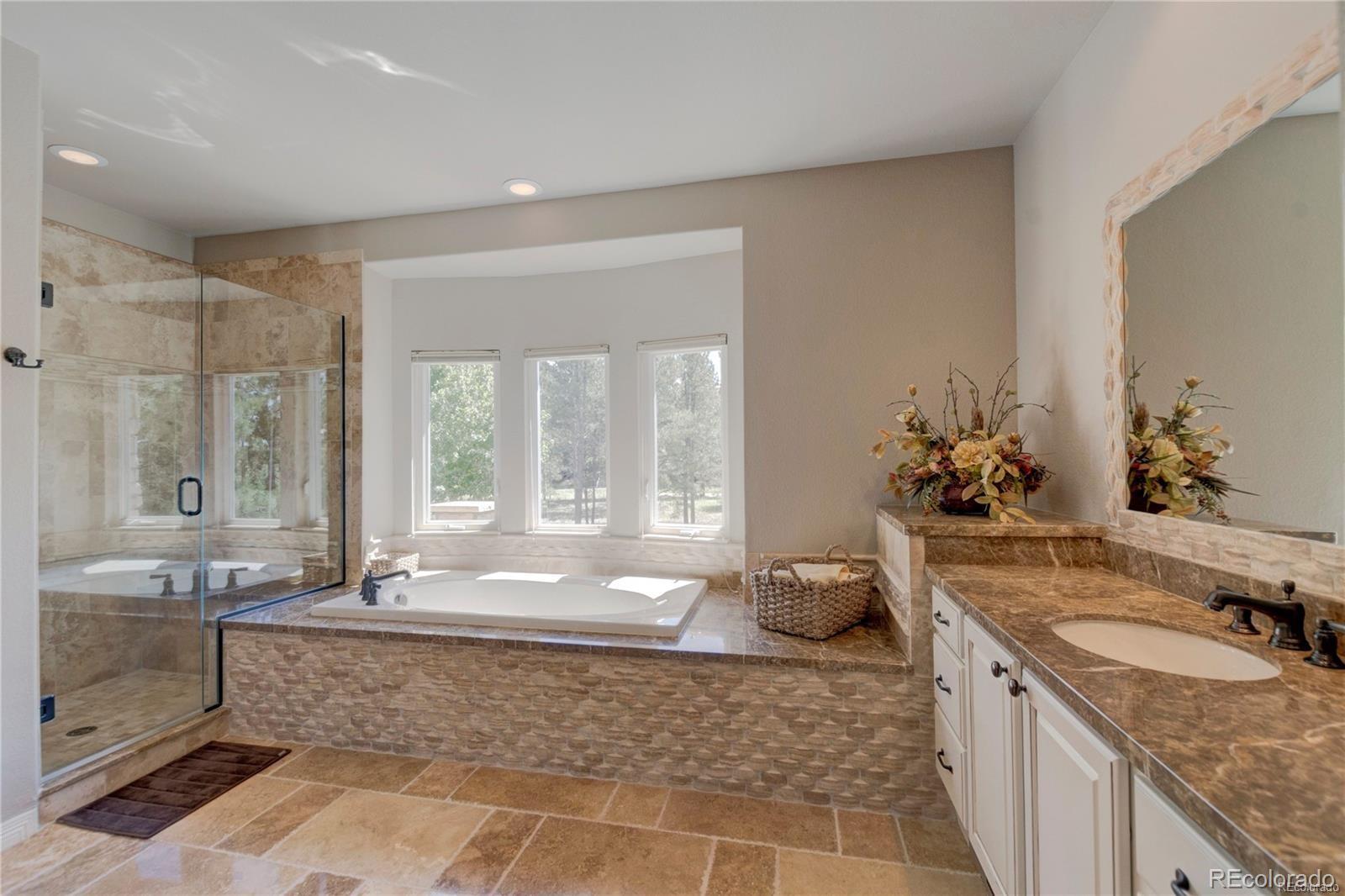5283 Pinyon Jay Road Parker, CO 80134 - Photo 6 of 12 a bathroom with a granite countertop tub a sink and a large mirror