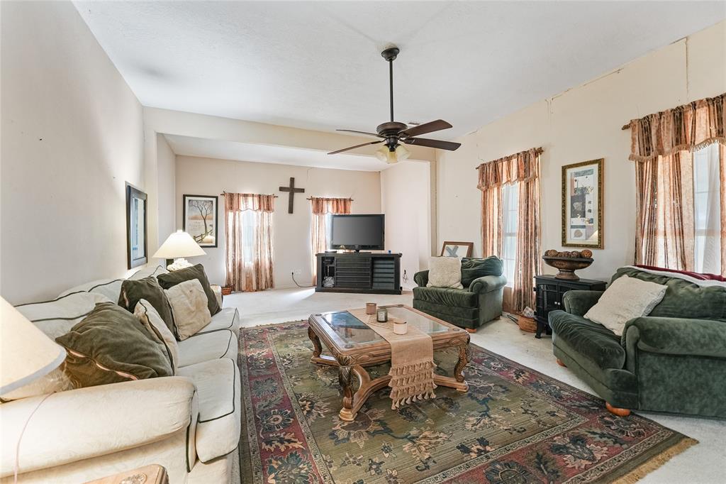 8515 Sandy Hill Road Brenham, TX 77833 - Photo 17 of 25 Living room with carpet and a ceiling fan