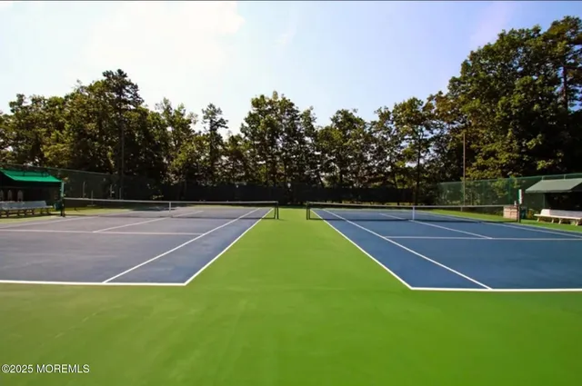 a view of swimming pool with lounge chair and trees in the background