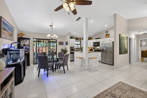 a view of a dining room with furniture window and outside view