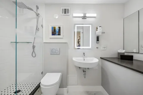 a bathroom with a toilet a sink and mirror