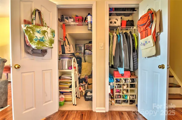 a view of walk in closet with clothes and shoes