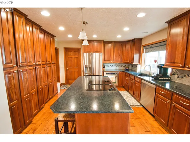 a kitchen with stainless steel appliances granite countertop a refrigerator a sink dishwasher a stove with wooden floor