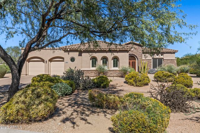 a view of a white house with a large tree and plants
