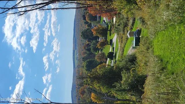 an aerial view of residential houses with outdoor space and trees